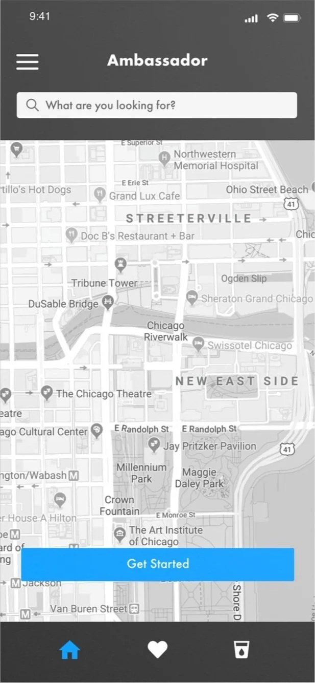Ambassador home screen with search and a map of nearby accounts