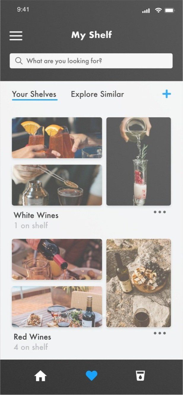 My Shelf screen with saved white and red wines