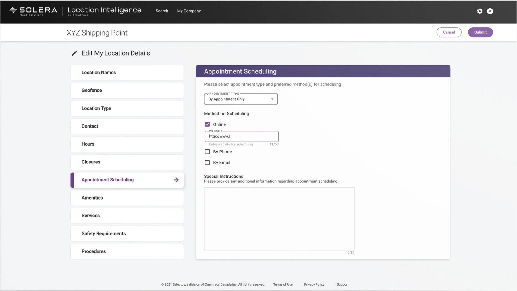 Edit My Location Details page showing appointment scheduling settings