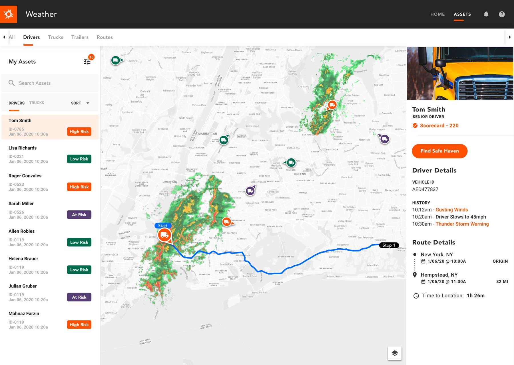 Legacy Omnitracs fleet safety dashboard with driver risk, weather and routing