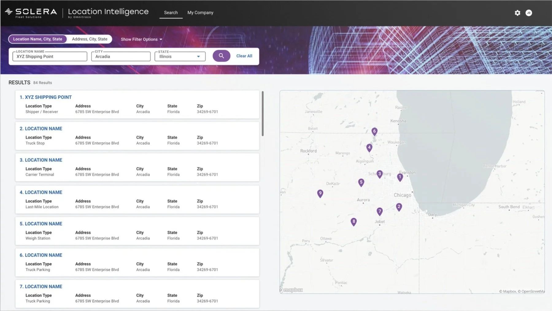 Location search results with list and map filtering