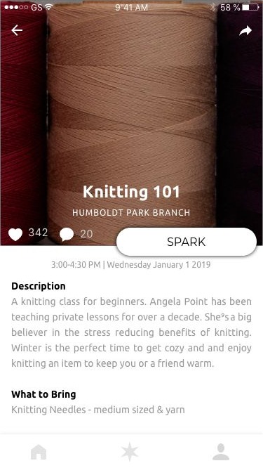 Spark event detail for a knitting class at Humboldt Park Branch