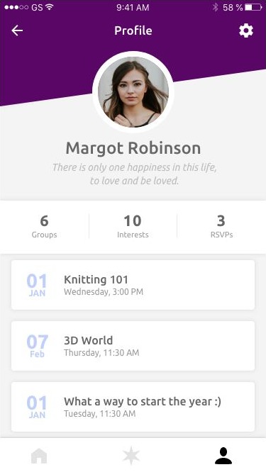 Spark profile with groups, interests and RSVPs