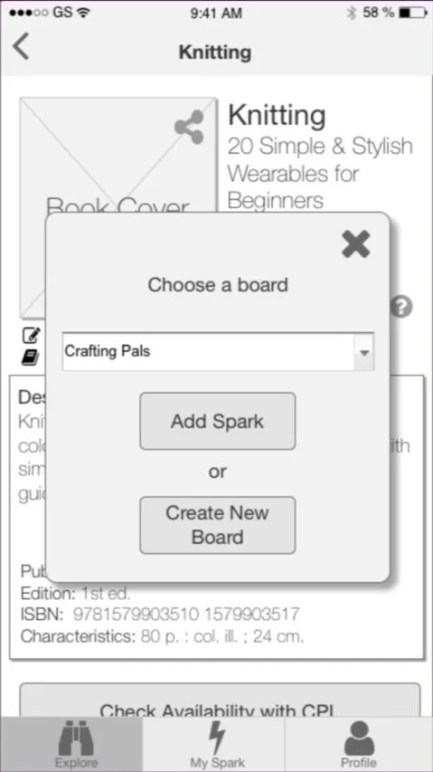 Spark wireframe: choosing a board for a book, or creating a new board