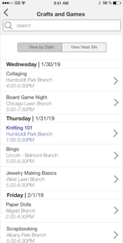 Spark wireframe: Crafts and Games events with View by Date and View Near Me options