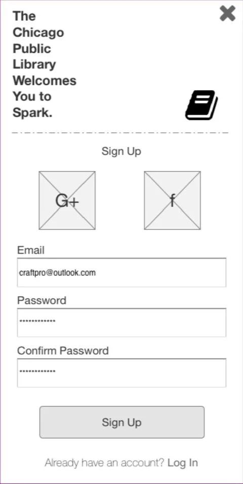 Wireframe of the short Spark sign-up screen