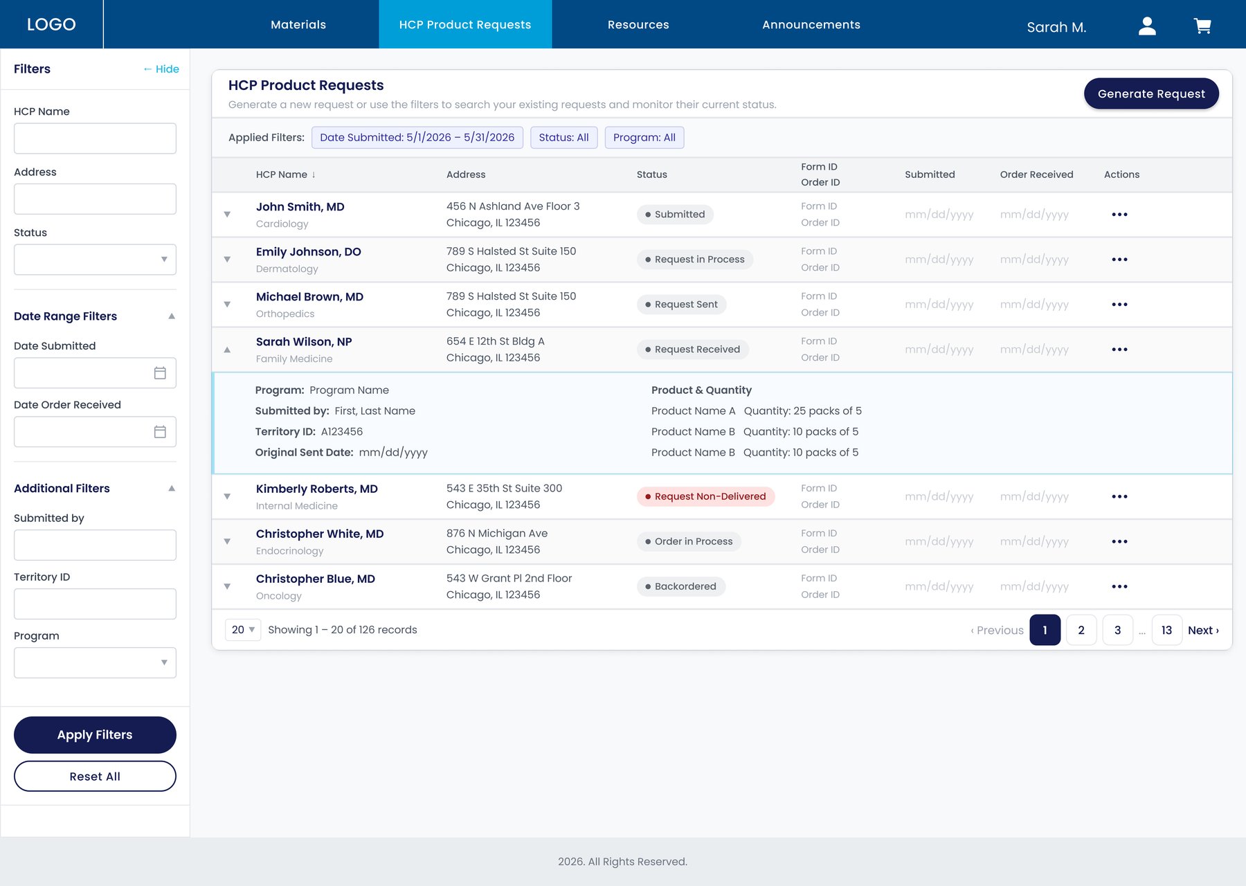 HCP Product Requests workspace: filters, request list with statuses, and an expanded request